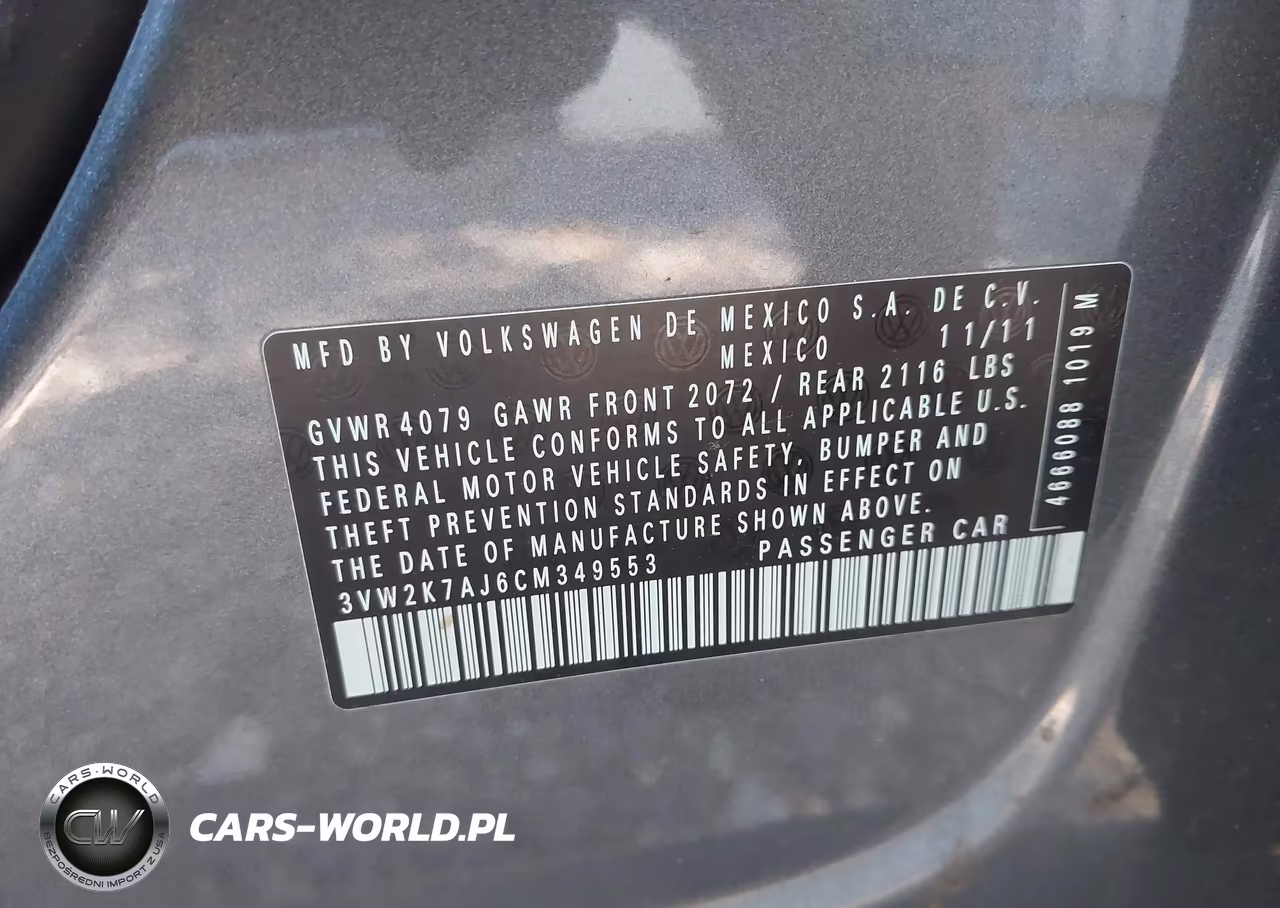 2012 Volkswagen Jetta 2.0L S VIN:3VW2K7AJ6CM349553 - 9