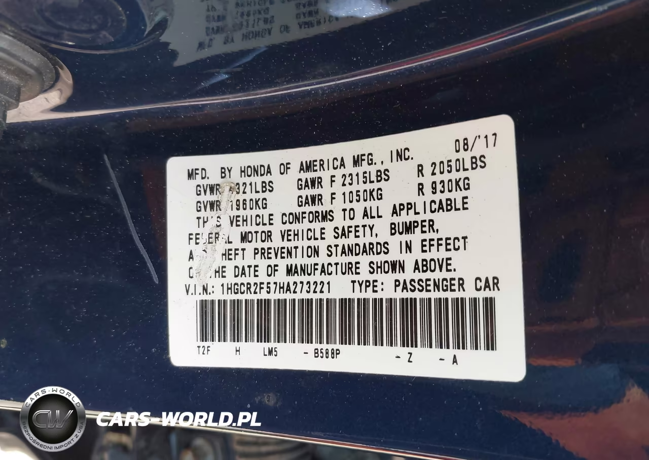 2017 Honda Accord Sport VIN:1HGCR2F57HA273221 - 9
