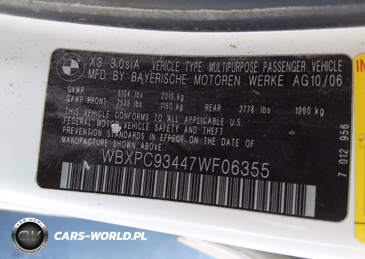 2007 BMW X3 3.0Si VIN:WBXPC93447WF06355 - 9