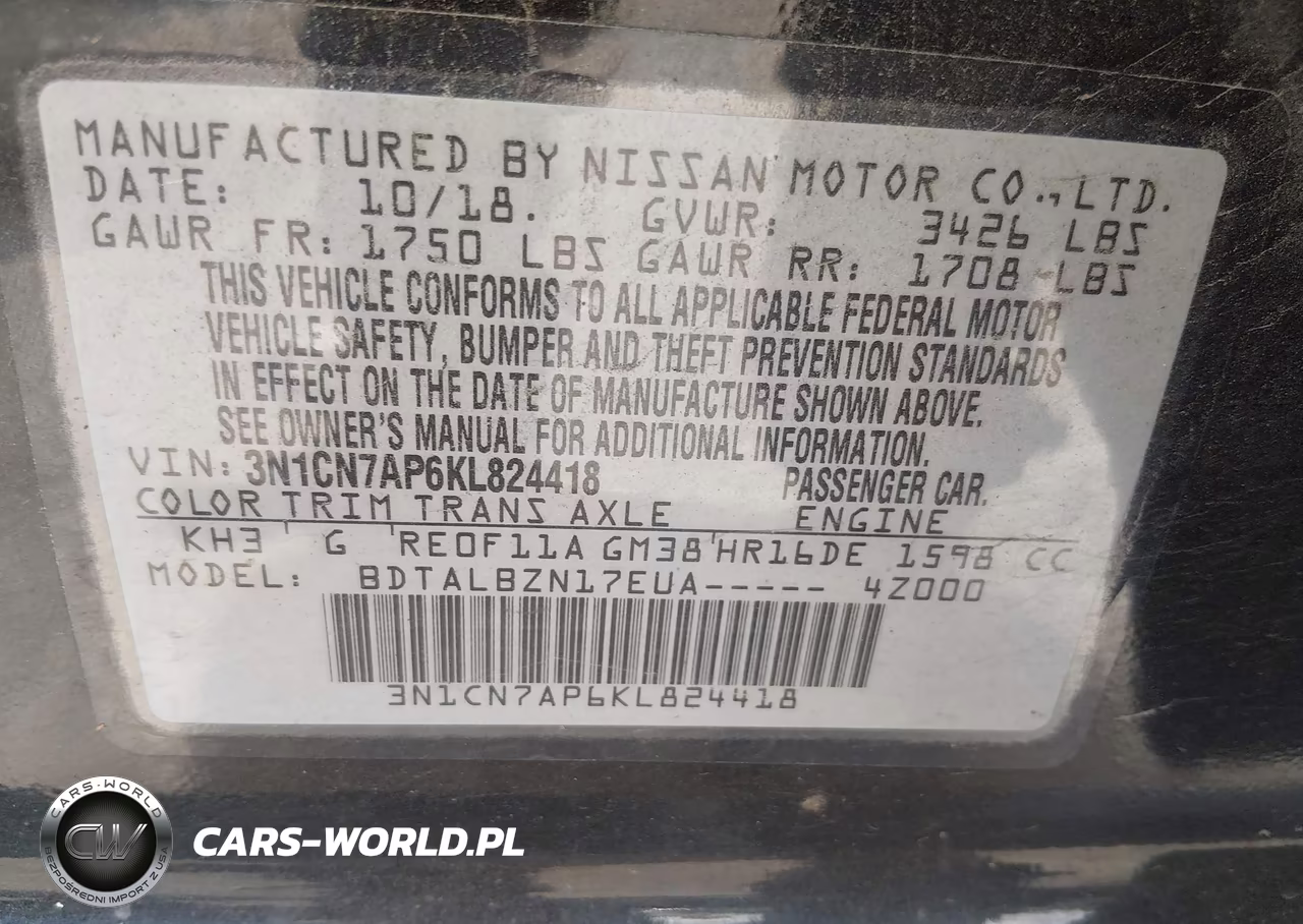 2019 Nissan Versa 1.6 Sv VIN:3N1CN7AP6KL824418 - 9