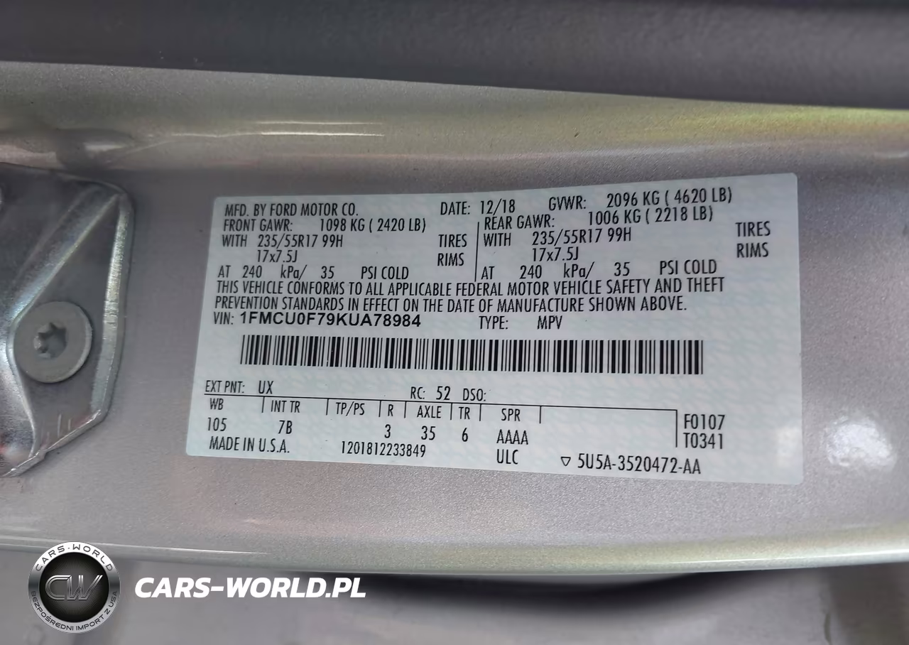 2019 Ford Escape S VIN:1FMCU0F79KUA78984 - 9