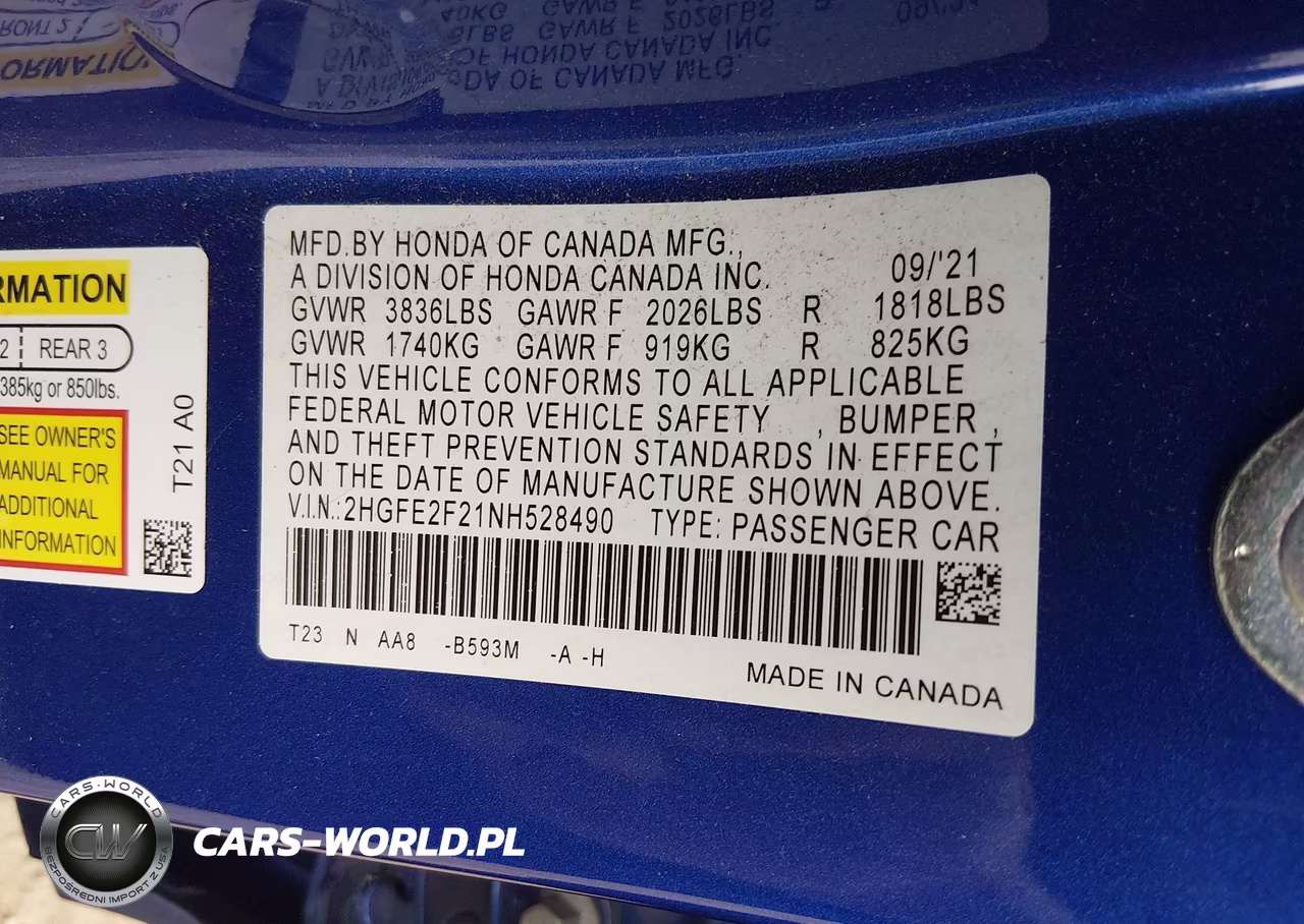 2022 Honda Civic Lx VIN:2HGFE2F21NH528490 - 9
