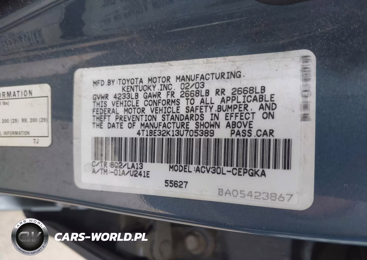 2003 Toyota Camry Xle VIN:4T1BE32K13U705389 - 9