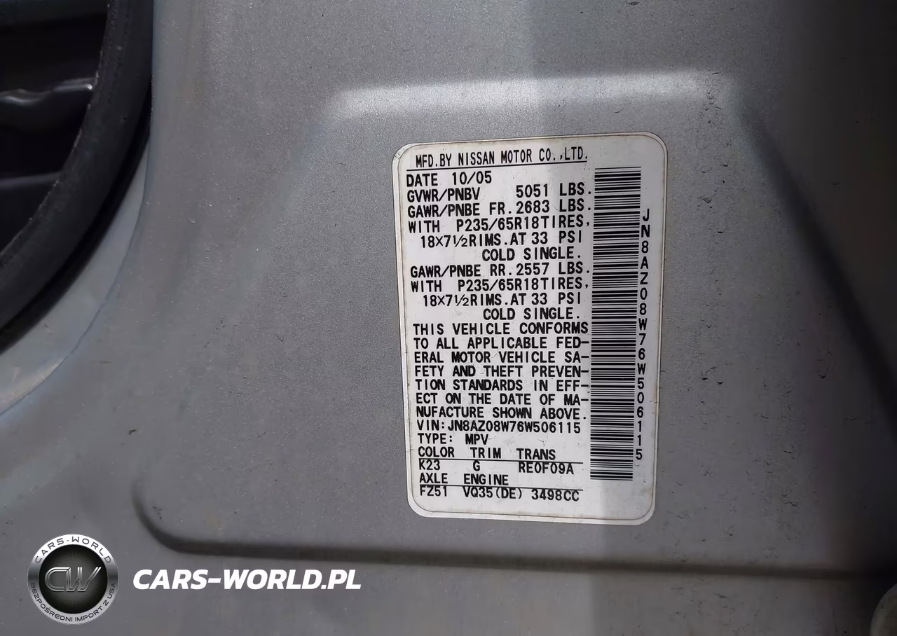2006 Nissan Murano S VIN:JN8AZ08W76W506115 - 9