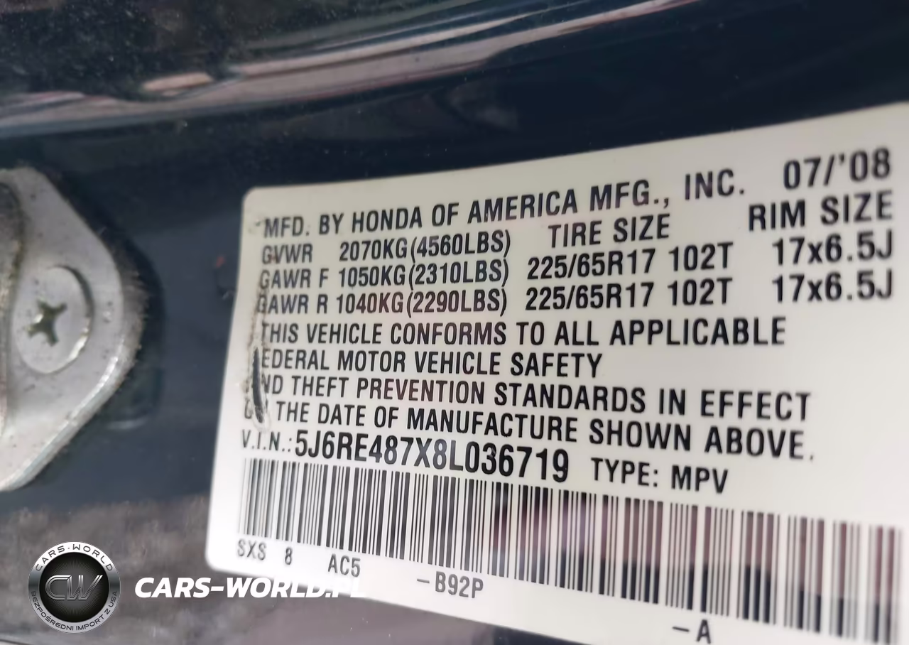 2008 Honda Cr-V Ex-L VIN:5J6RE487X8L036719 - 9