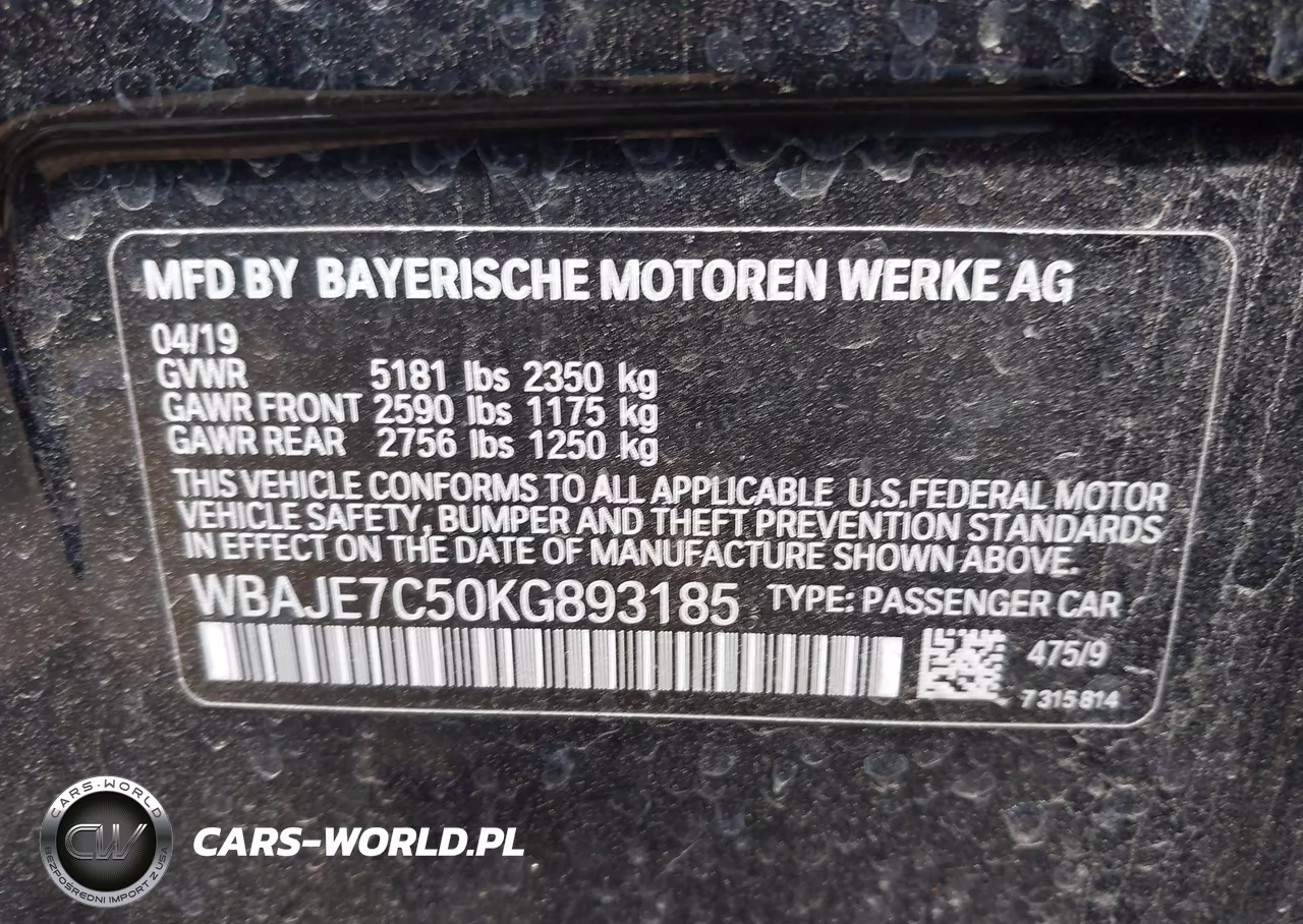 BMW 540 XI VIN:WBAJE7C50KG893185 - 9