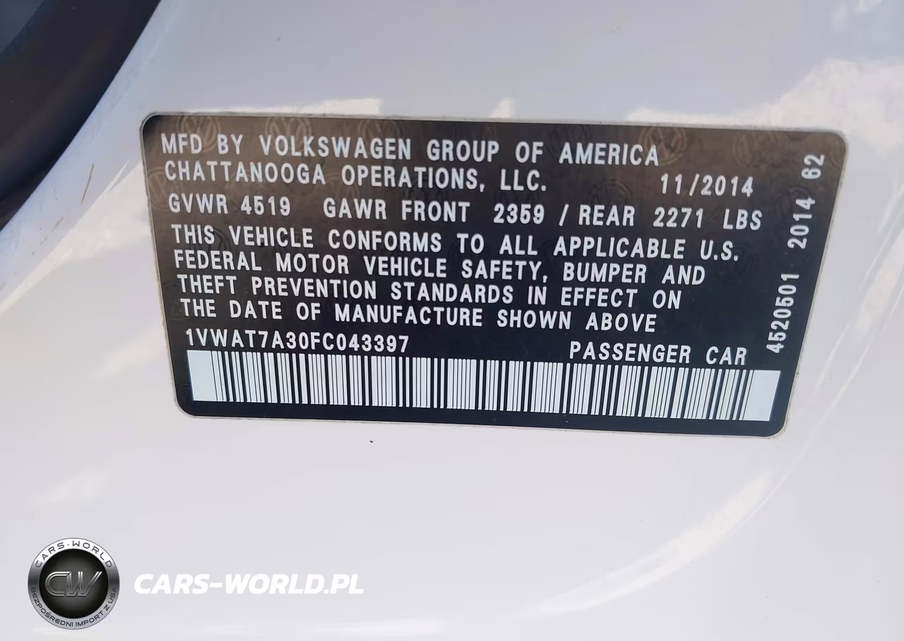2015 Volkswagen Passat 1.8T Wolfsburg Edition VIN:1VWAT7A30FC043397 - 9