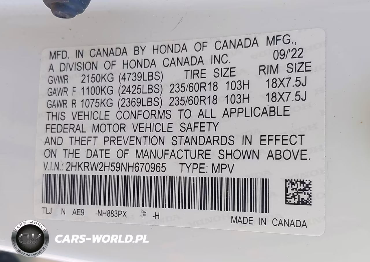 2022 Honda Cr-V Awd Ex VIN:2HKRW2H59NH670965 - 9
