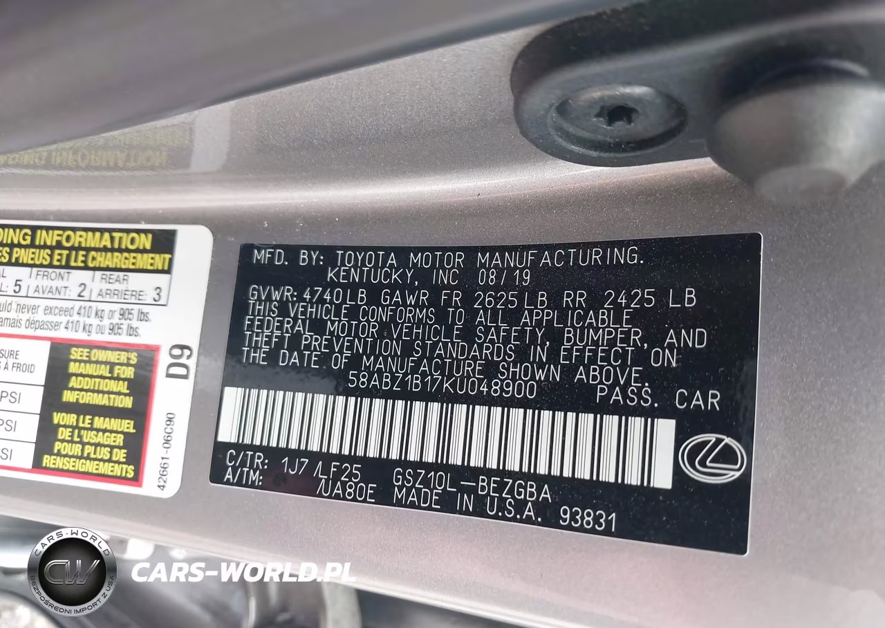 2019 Lexus Es 350 F Sport VIN:58ABZ1B17KU048900 - 9