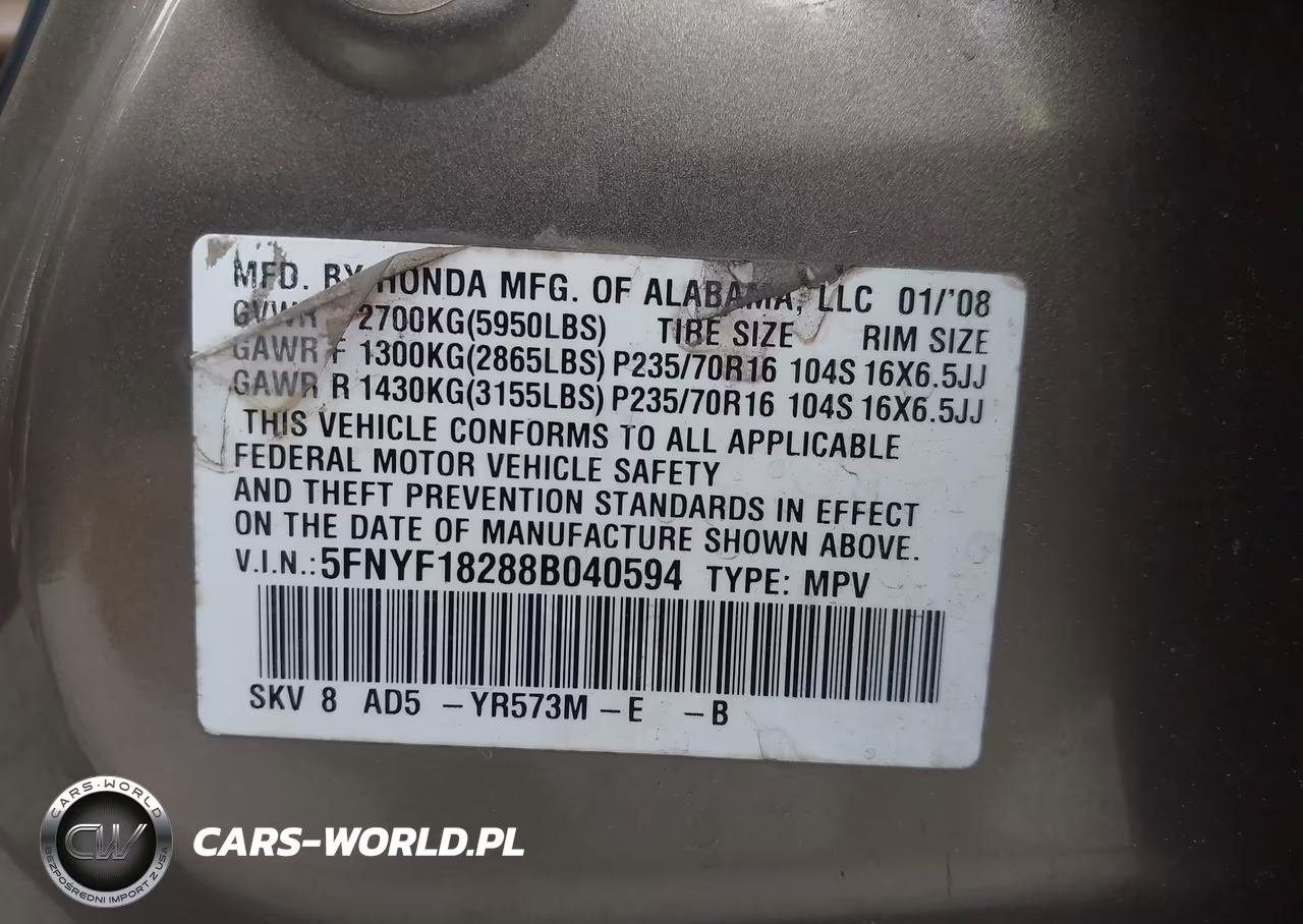 2008 Honda Pilot Vp VIN:5FNYF18288B040594 - 9