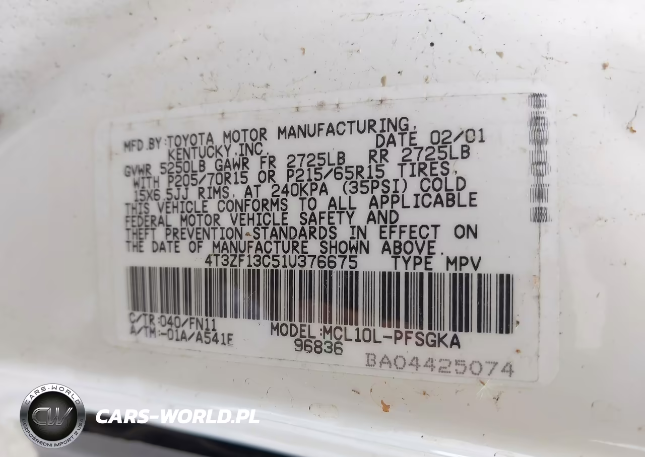 2001 Toyota Sienna Le VIN:4T3ZF13C51U376675 - 9