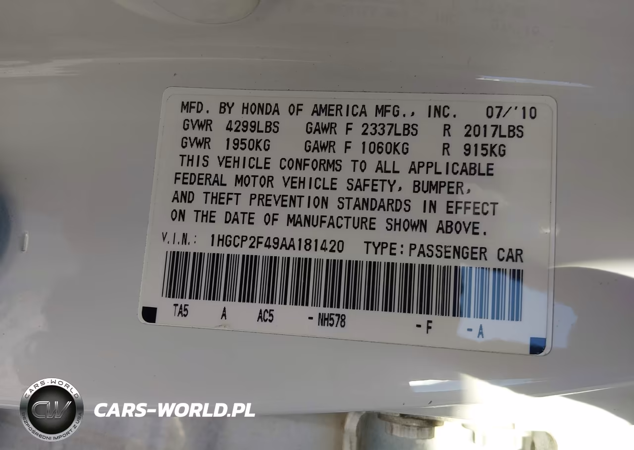 2010 Honda Accord 2.4 Lx-P VIN:1HGCP2F49AA181420 - 9