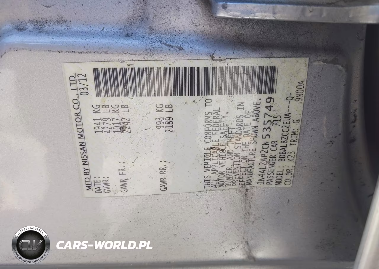 2012 Nissan Altima 2.5 S VIN:1N4AL2AP2CN535749 - 9
