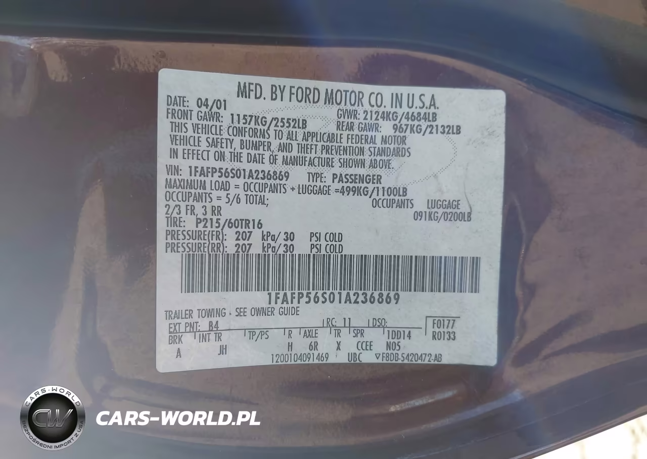 2001 Ford Taurus Sel VIN:1FAFP56S01A236869 - 9