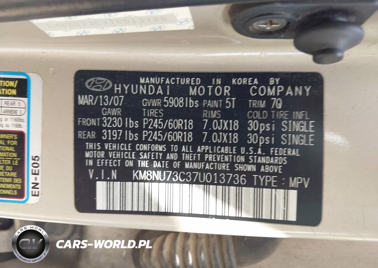 2007 Hyundai Veracruz VIN:KM8NU73C37U013736 - 9