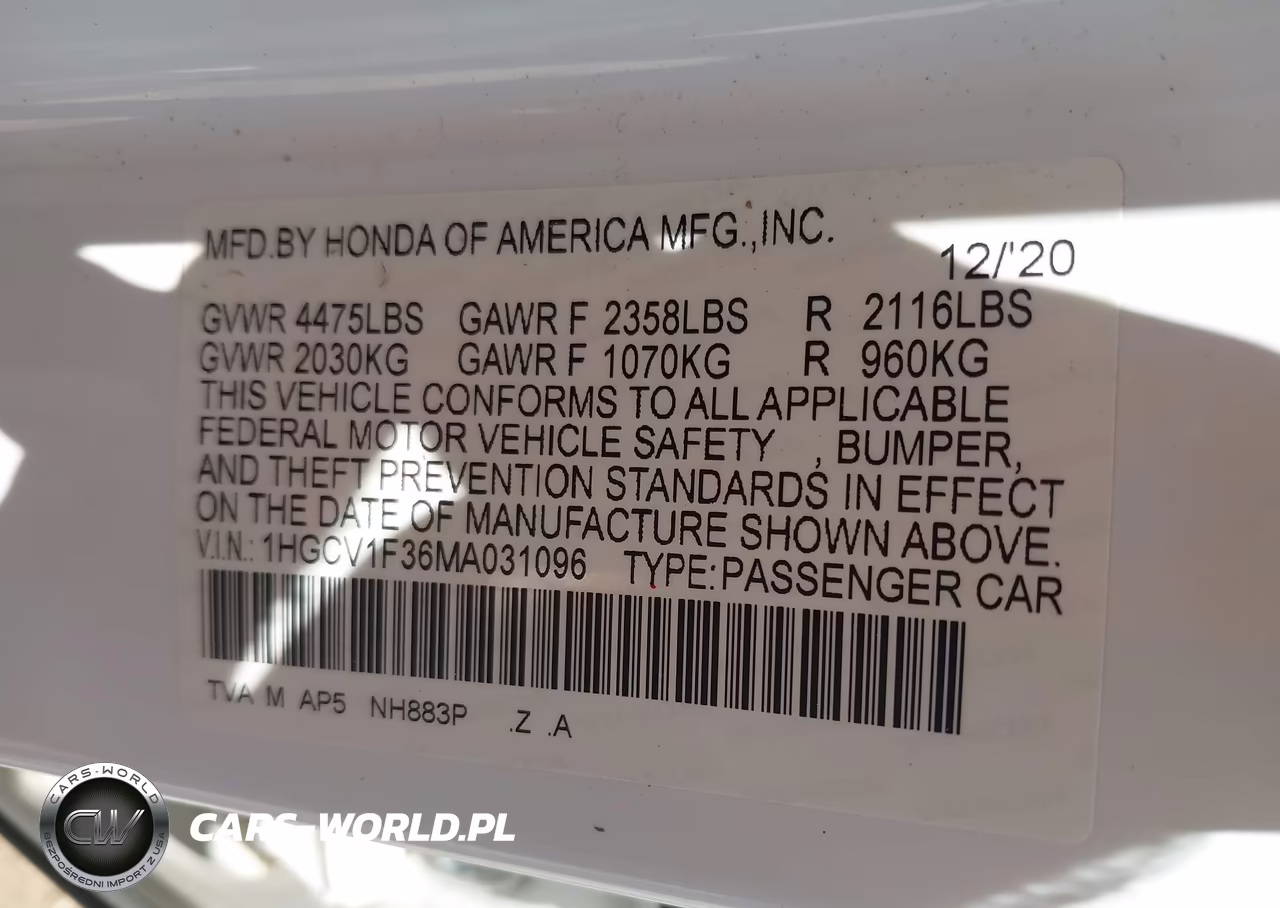 2021 Honda Accord Sport VIN:1HGCV1F36MA031096 - 9