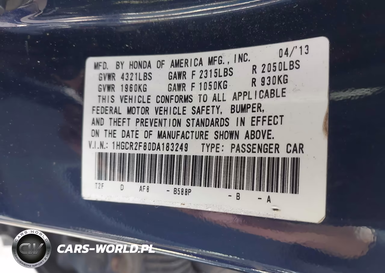 2013 Honda Accord Ex-L VIN:1HGCR2F80DA183249 - 9