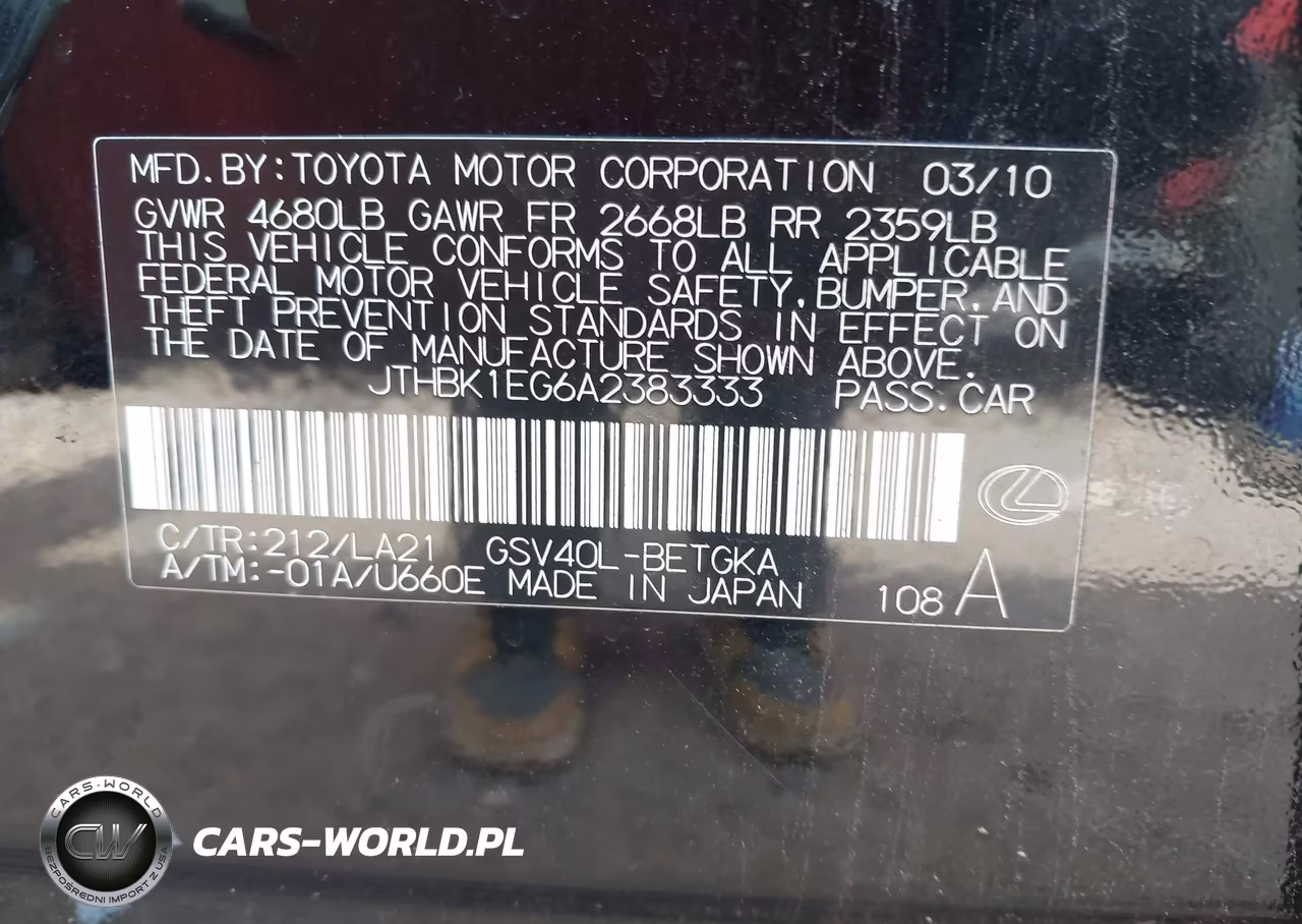 2010 Lexus Es 350 VIN:JTHBK1EG6A2383333 - 9
