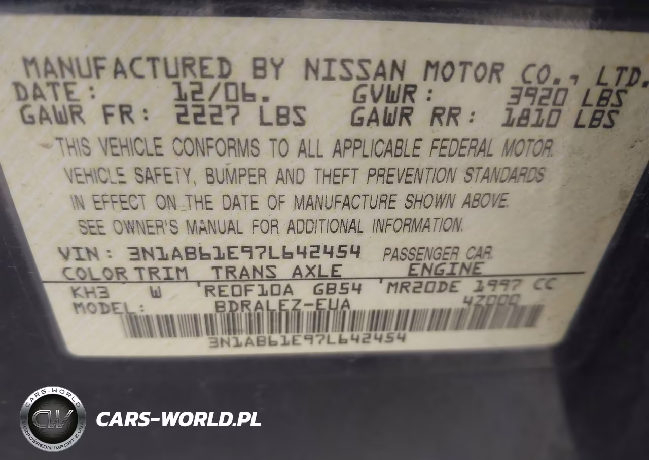 2007 Nissan Sentra 2.0S VIN:3N1AB61E97L642454 - 9