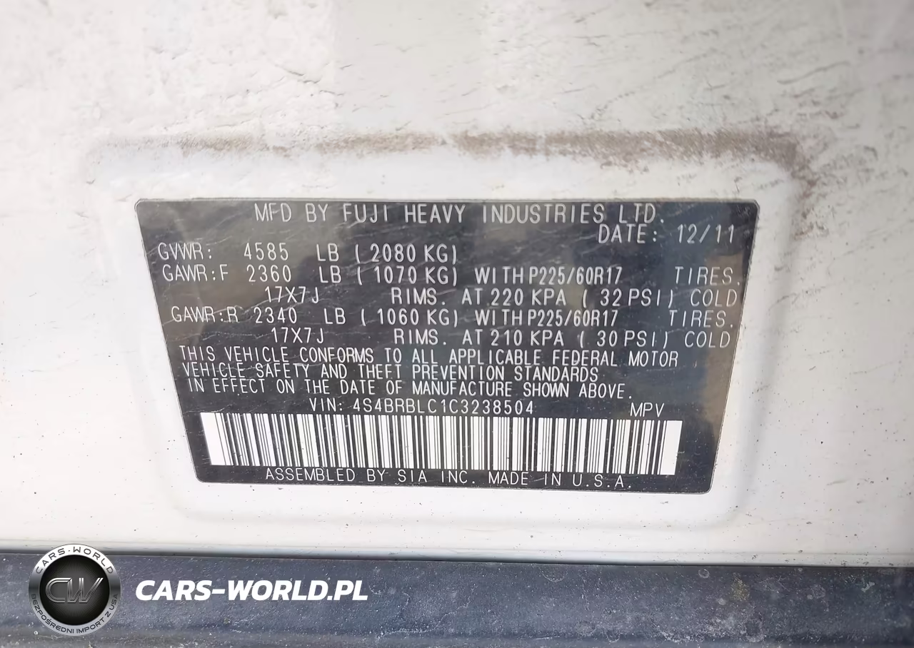 2012 Subaru Outback 2.5I Limited VIN:4S4BRBLC1C3238504 - 9
