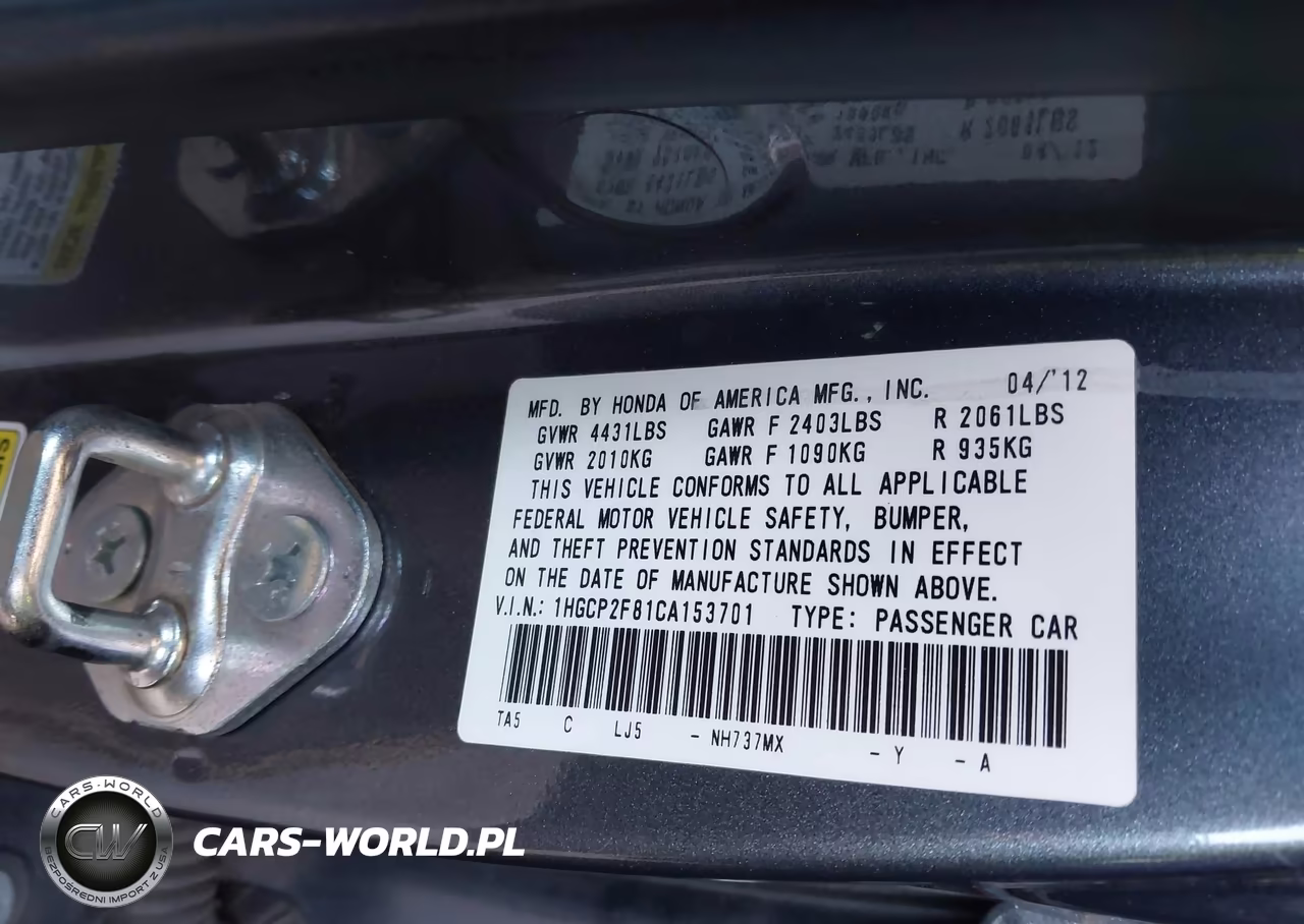 2012 Honda Accord 2.4 Ex-L VIN:1HGCP2F81CA153701 - 9