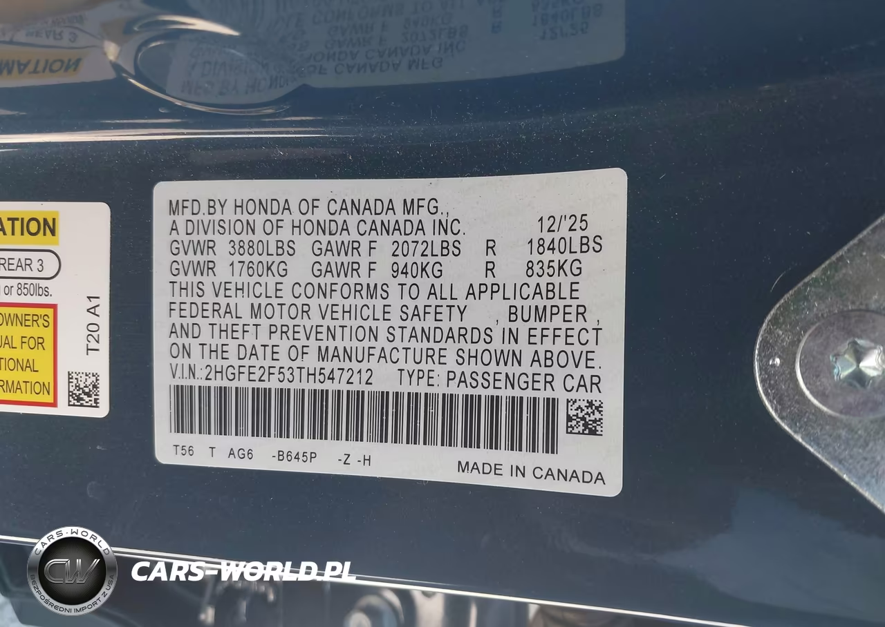 2026 Honda Civic Sport VIN:2HGFE2F53TH547212 - 9