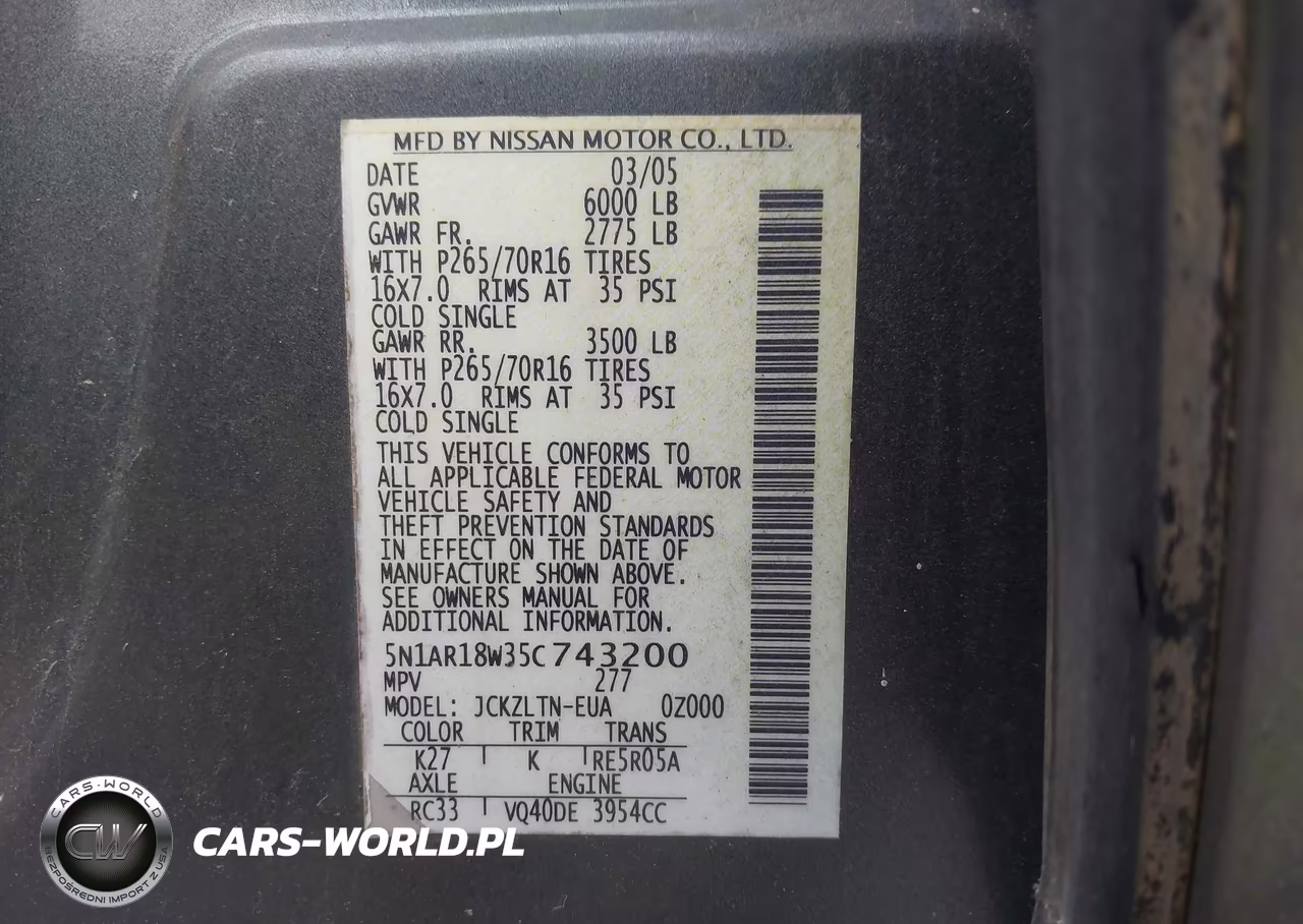 2005 Nissan Pathfinder Se VIN:5N1AR18W35C743200 - 9