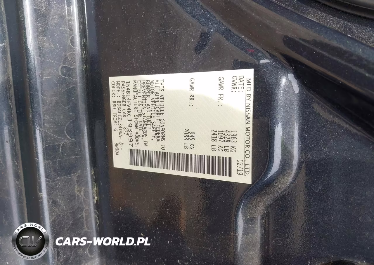 2019 Nissan Altima 2.5 Sl VIN:1N4BL4EV4KC193997 - 9