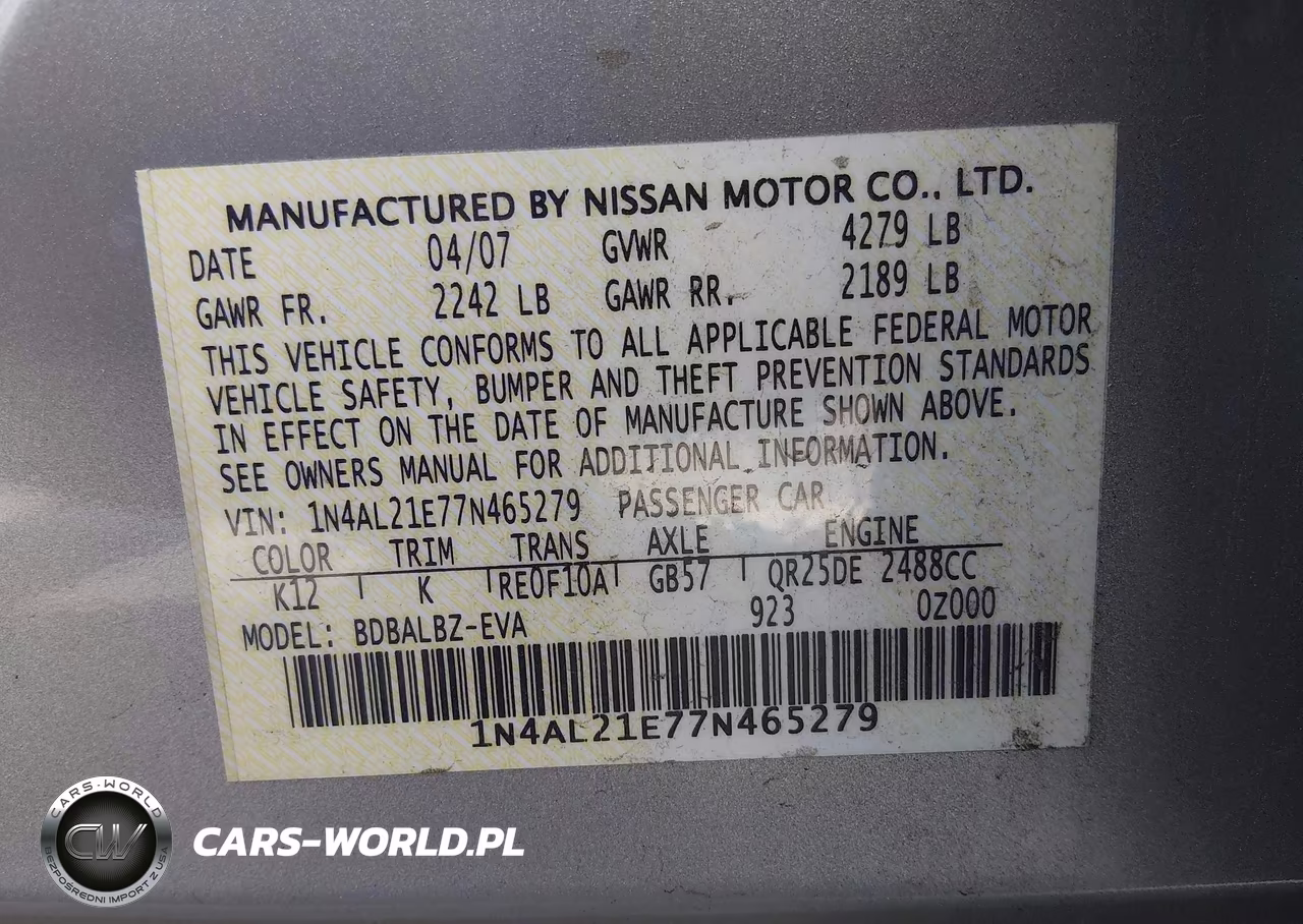2007 Nissan Altima 2.5 S VIN:1N4AL21E77N465279 - 9