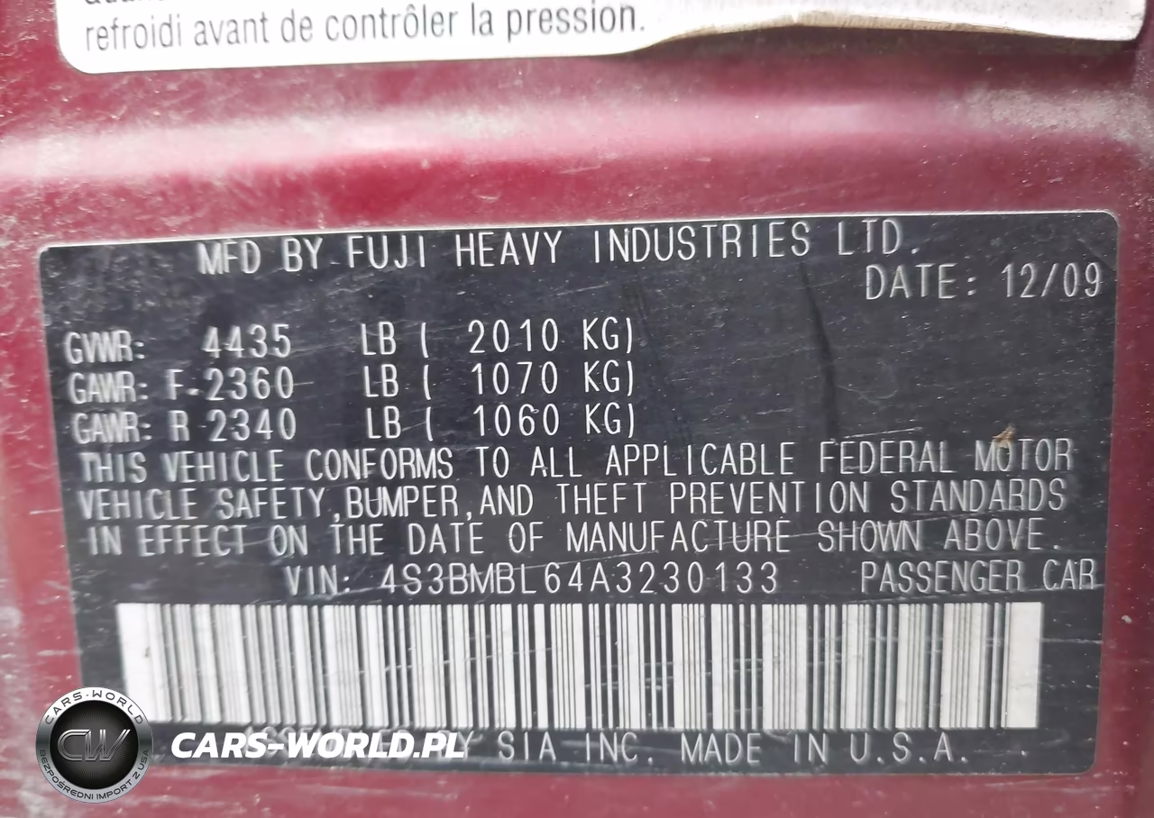 2010 Subaru Legacy 2.5I Limited VIN:4S3BMBL64A3230133 - 9