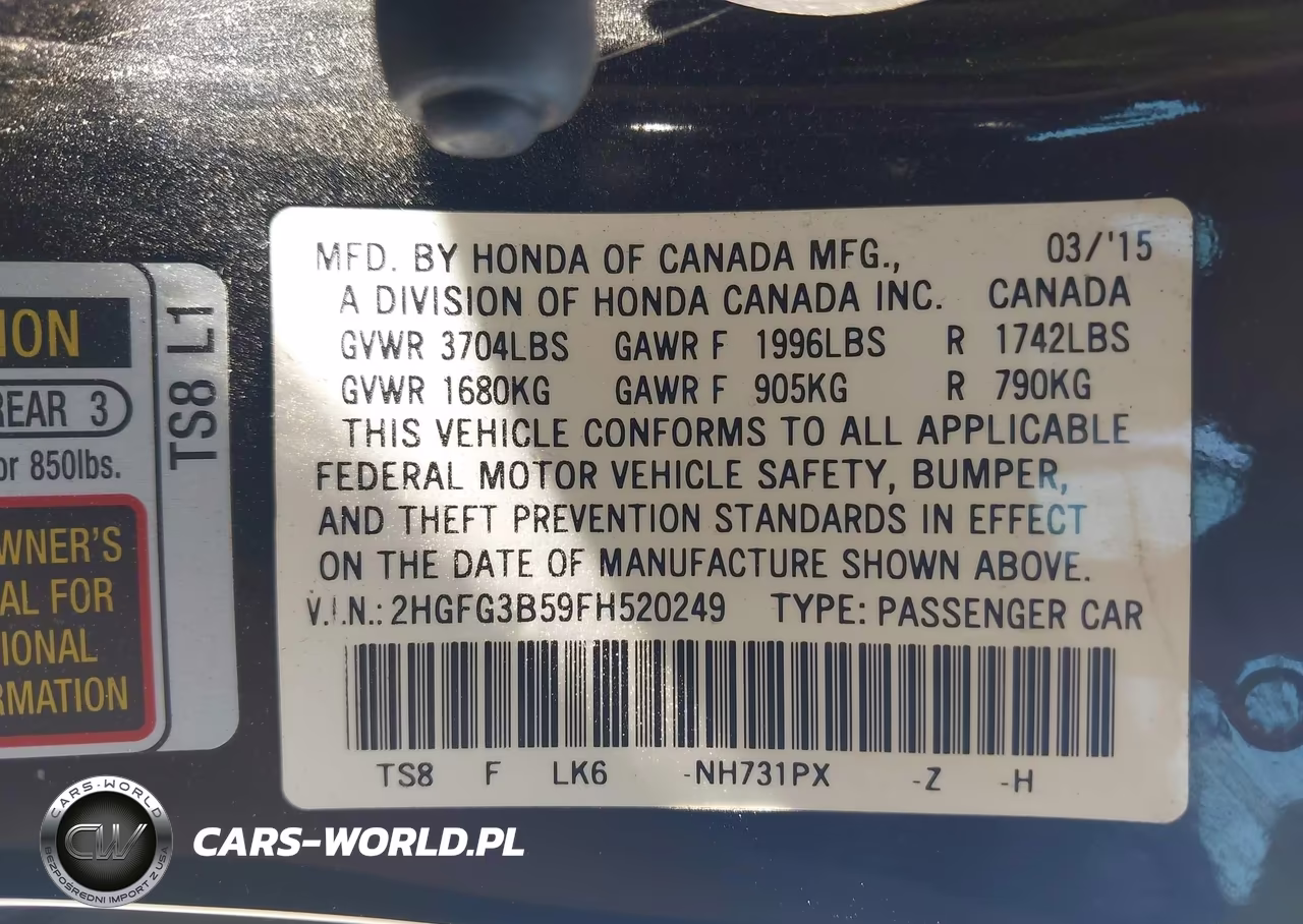 2015 Honda Civic Lx VIN:2HGFG3B59FH520249 - 9
