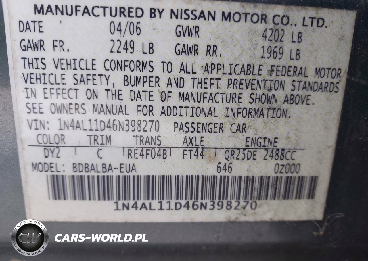 2006 Nissan Altima 2.5 S VIN:1N4AL11D46N398270 - 9