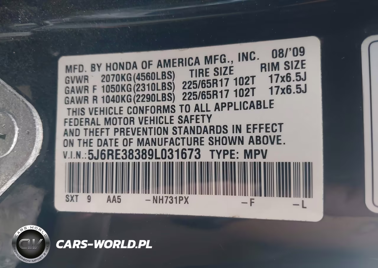 2009 Honda Cr-V Lx VIN:5J6RE38389L031673 - 9