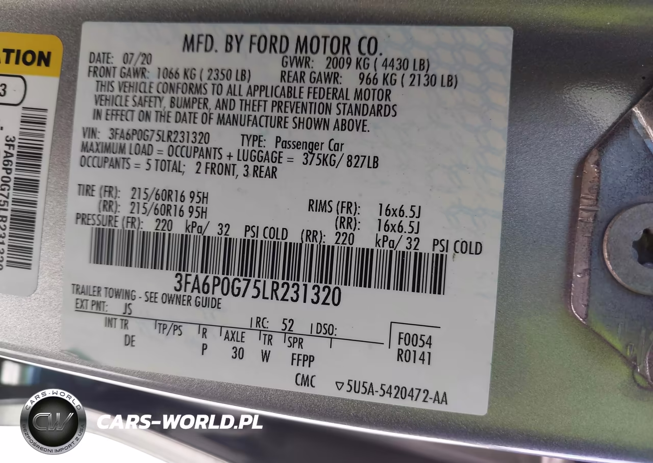2020 Ford Fusion S VIN:3FA6P0G75LR231320 - 9