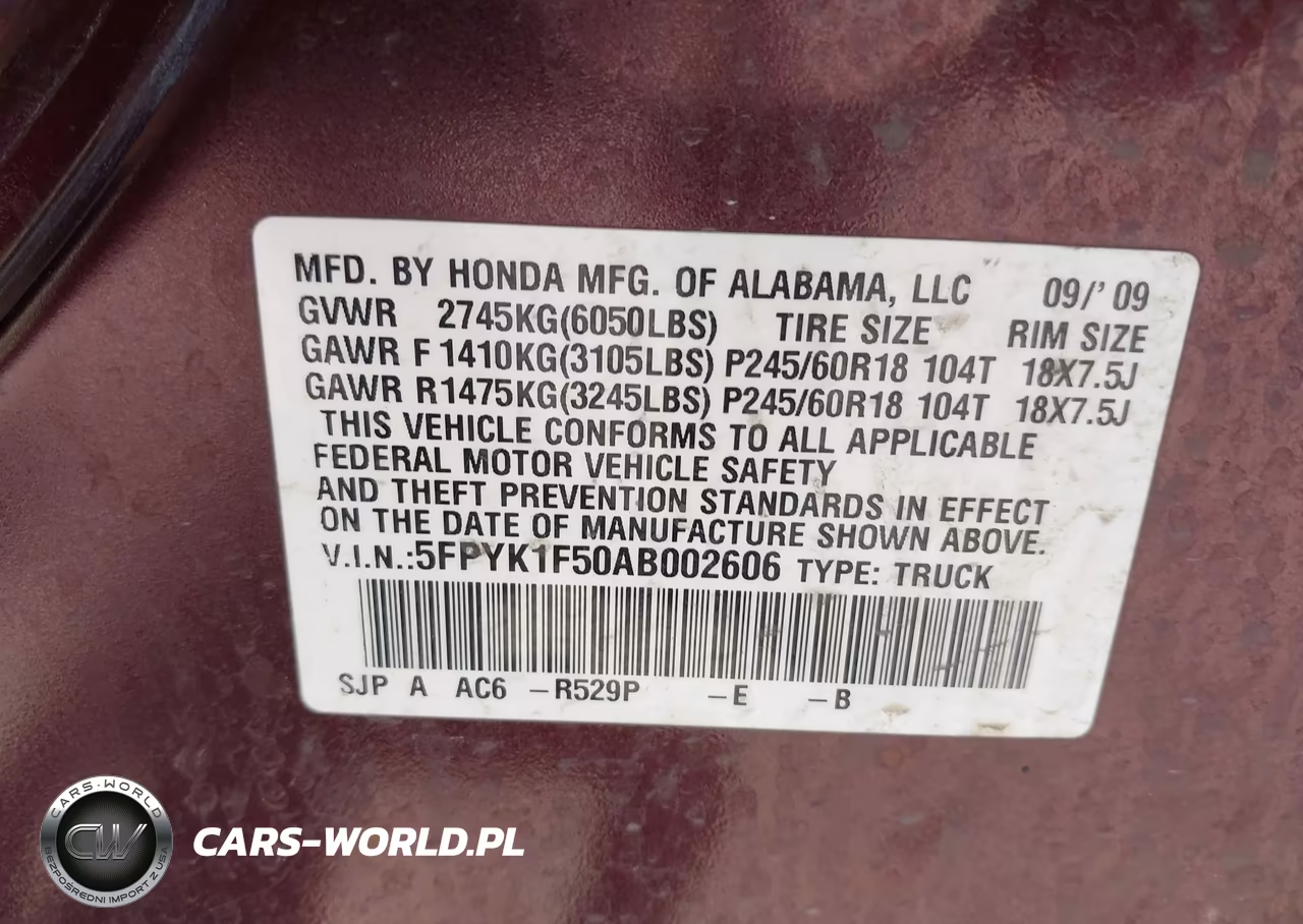 2010 Honda Ridgeline Rtl VIN:5FPYK1F50AB002606 - 9