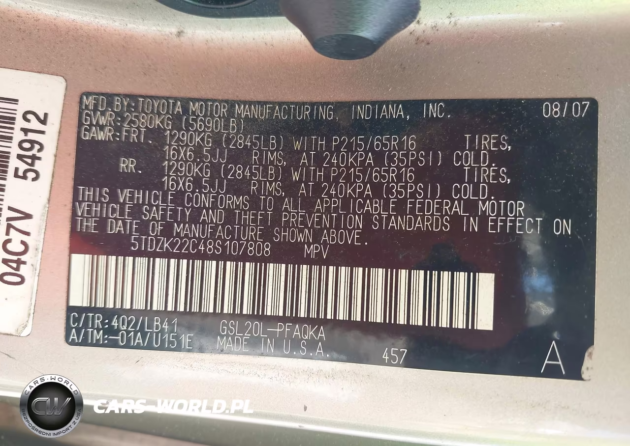 2008 Toyota Sienna Xle VIN:5TDZK22C48S107808 - 9