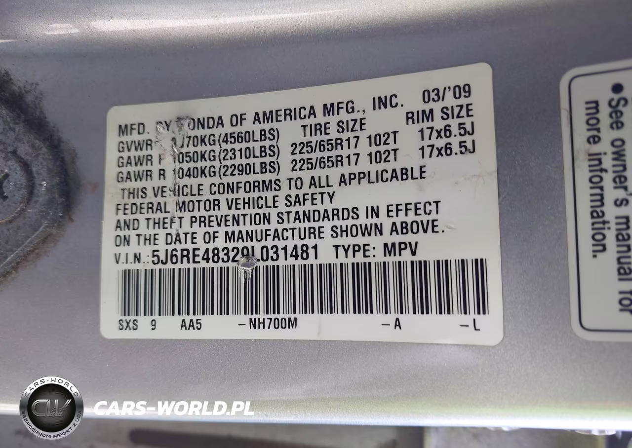 2009 Honda Cr-V Lx VIN:5J6RE48329L031481 - 9