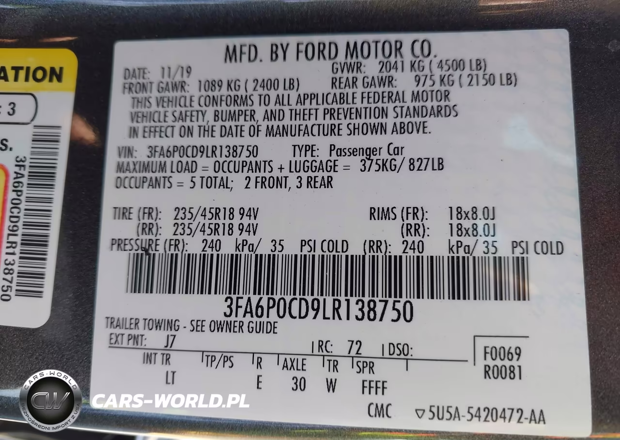 2020 Ford Fusion Sel VIN:3FA6P0CD9LR138750 - 9