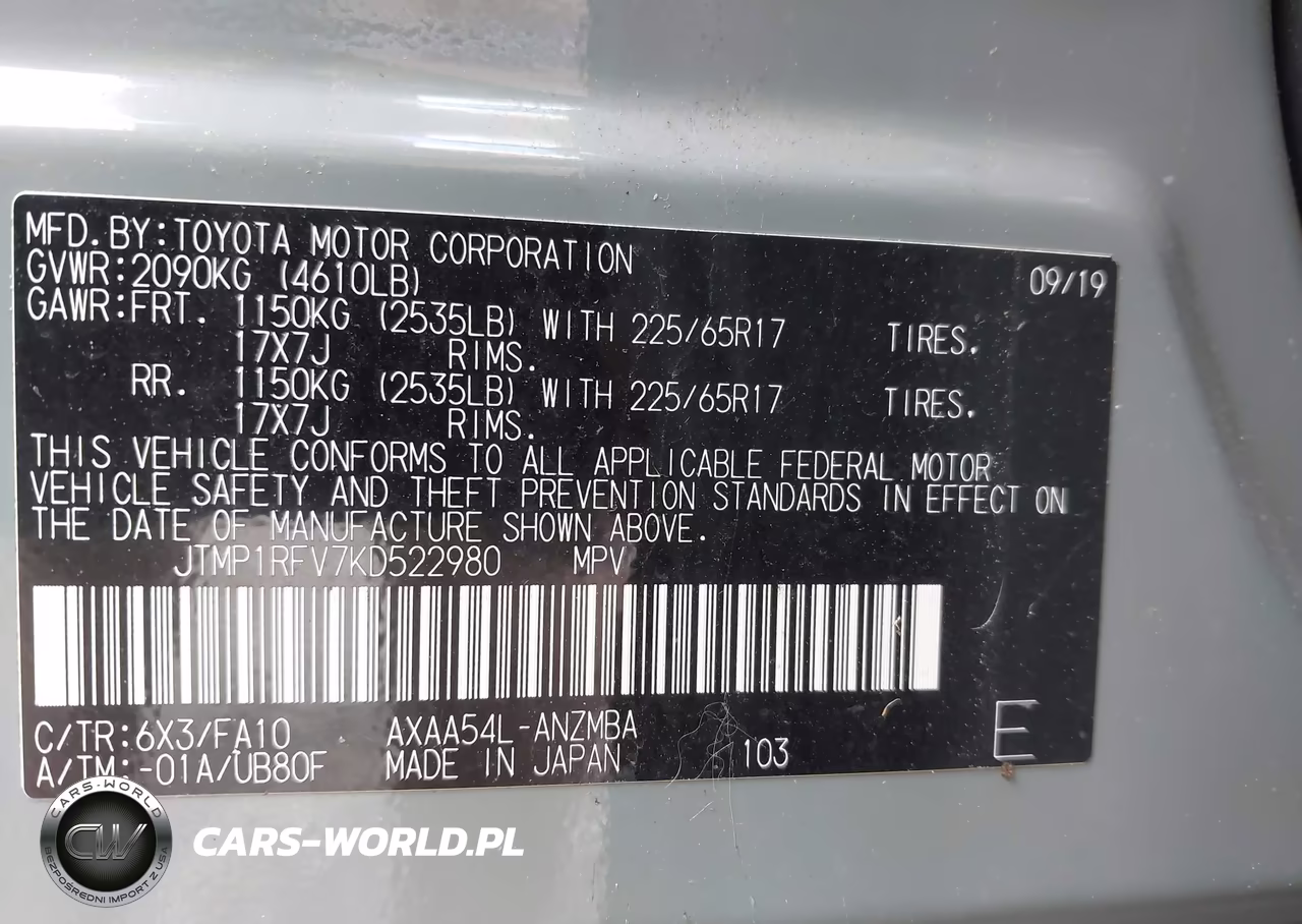 2019 Toyota Rav4 Xle VIN:JTMP1RFV7KD522980 - 9