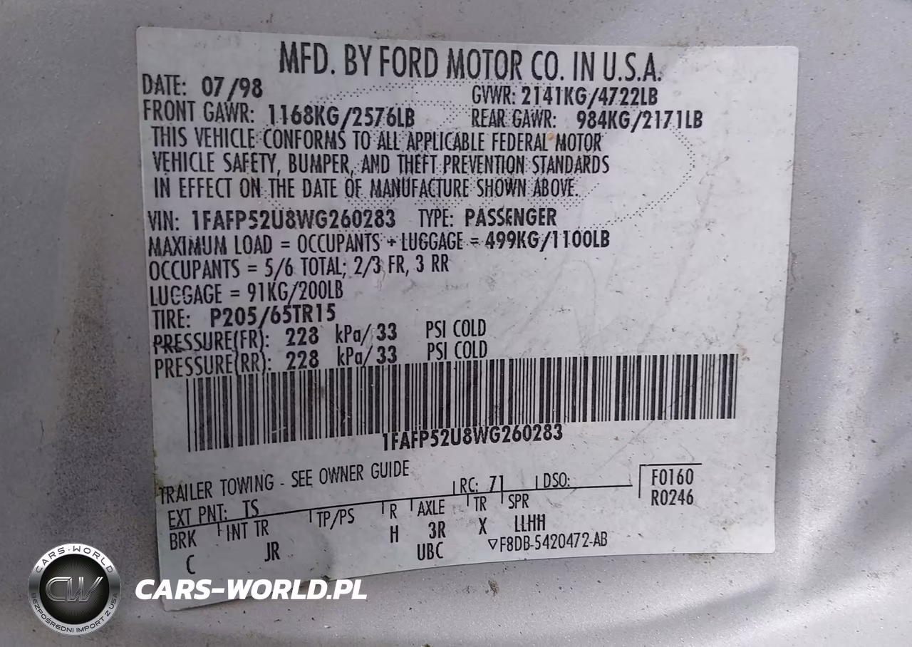 1998 Ford Taurus Lx-Se VIN:1FAFP52U8WG260283 - 9