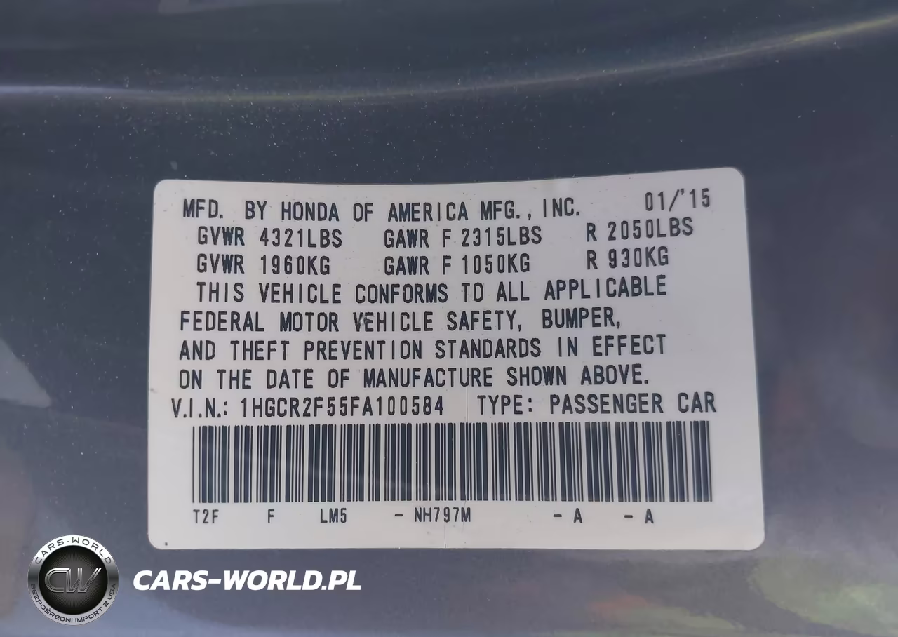 2015 Honda Accord Sport VIN:1HGCR2F55FA100584 - 9