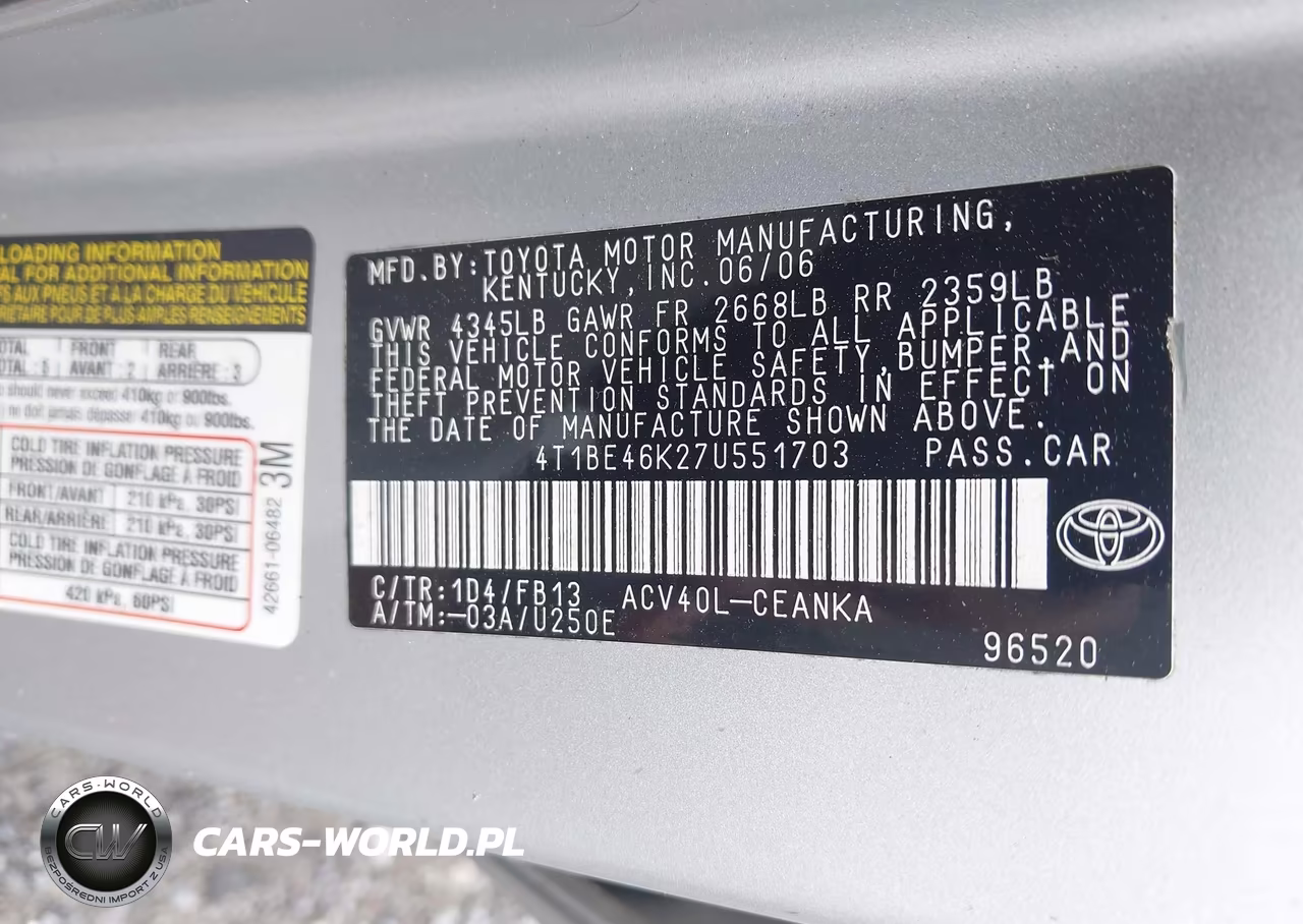 2007 Toyota Camry Le VIN:4T1BE46K27U551703 - 9