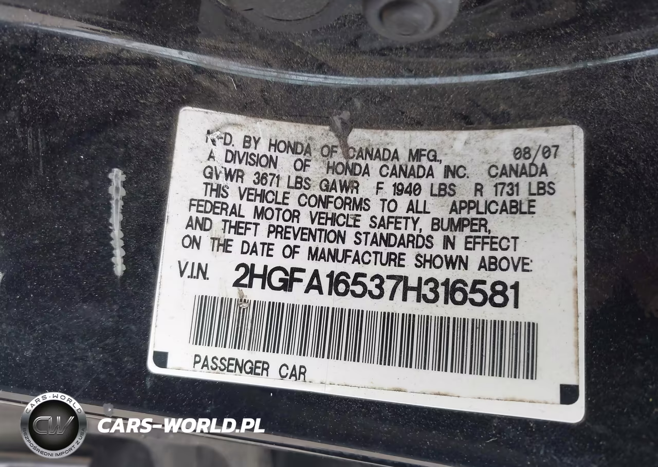 2007 Honda Civic Lx VIN:2HGFA16537H316581 - 9