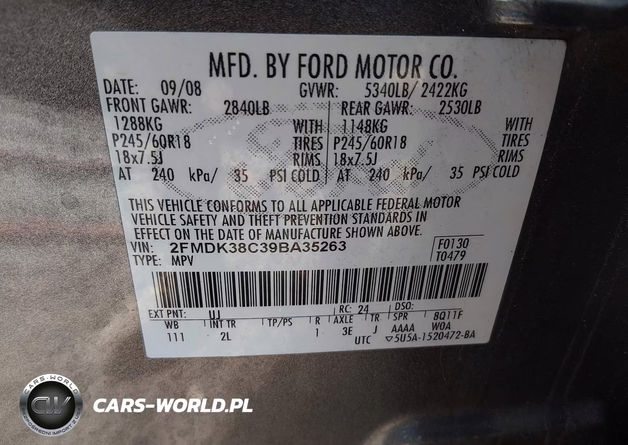 2009 Ford Edge Sel VIN:2FMDK38C39BA35263 - 9