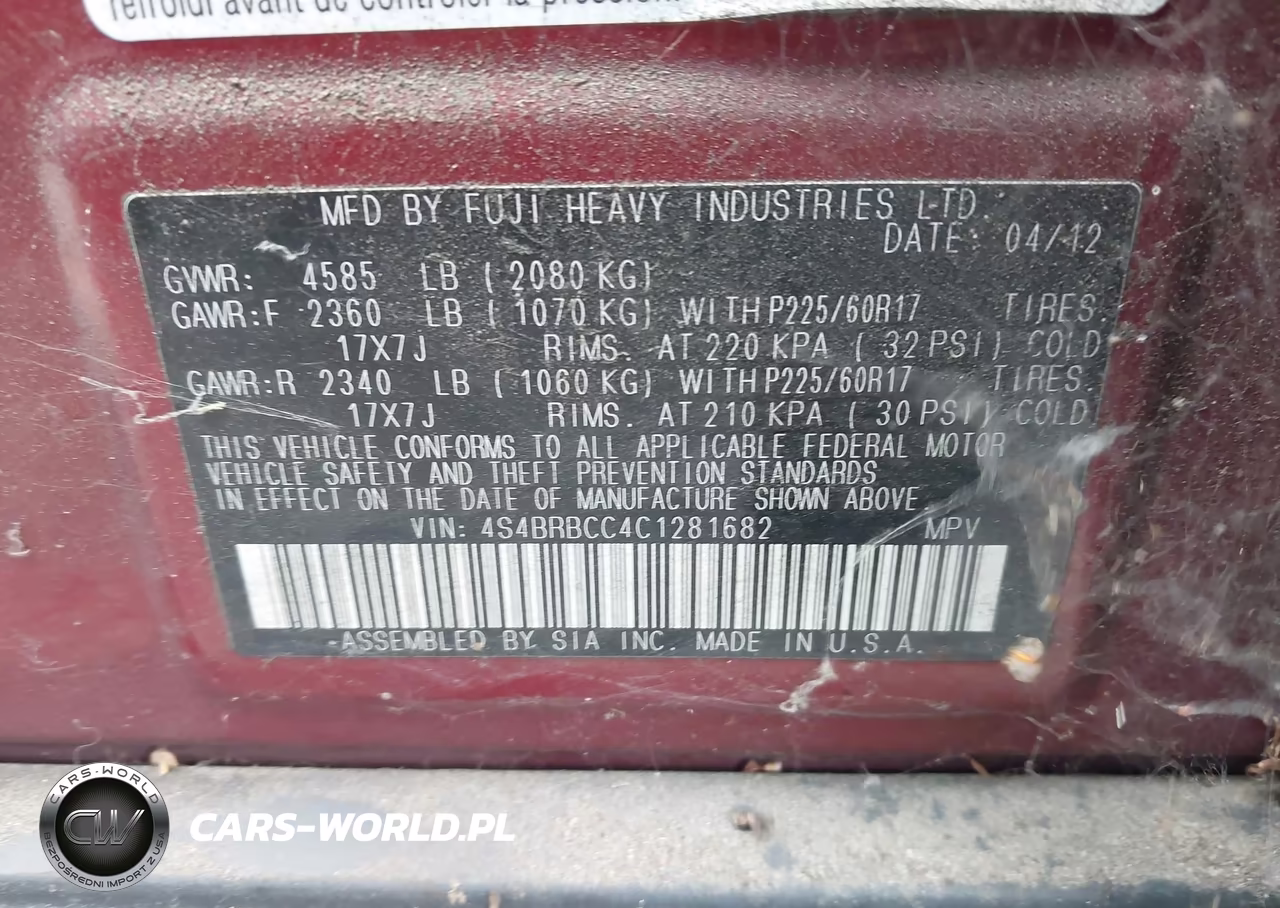 2012 Subaru Outback 2.5I Premium VIN:4S4BRBCC4C1281682 - 9
