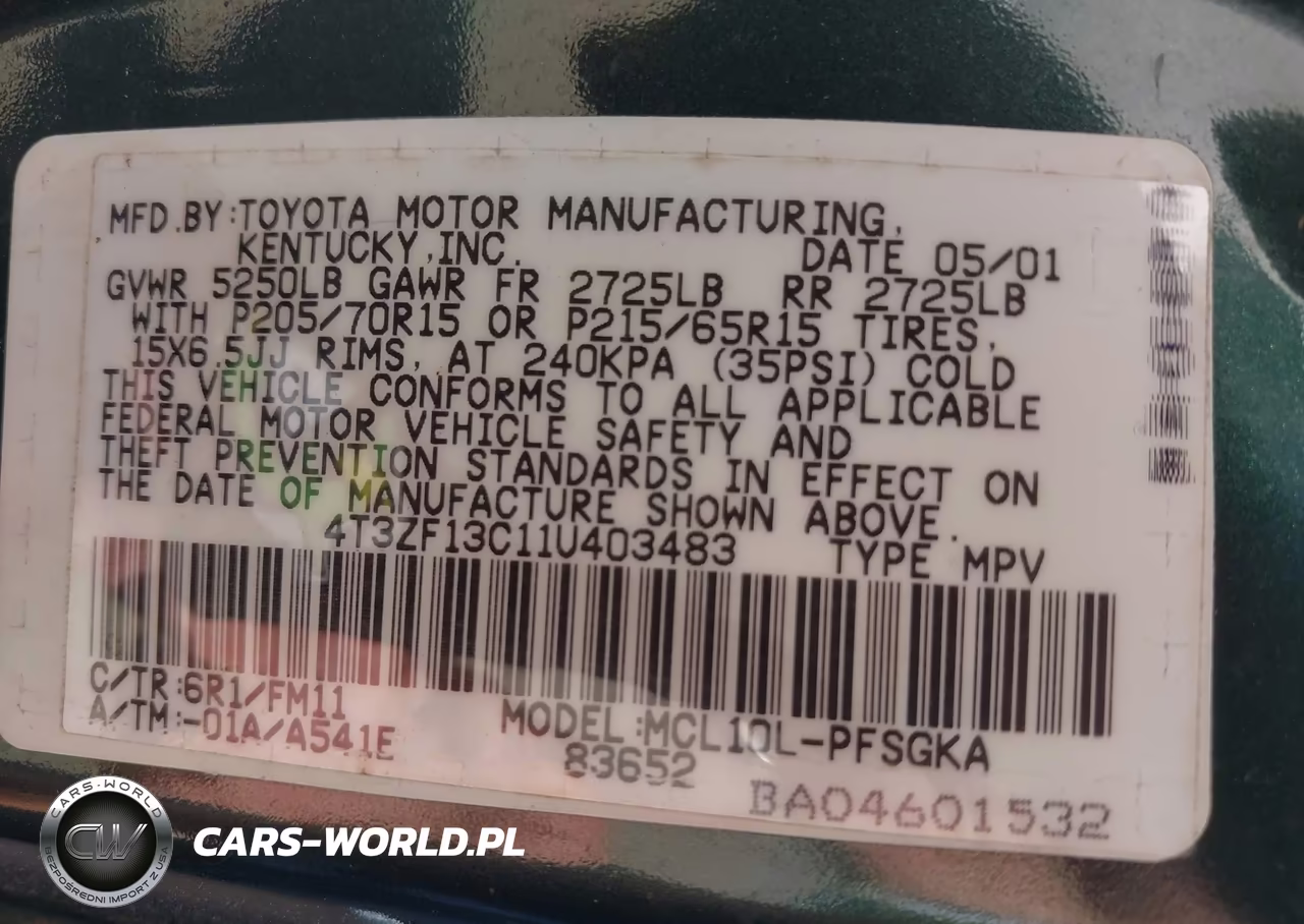 2001 Toyota Sienna Le VIN:4T3ZF13C11U403483 - 9