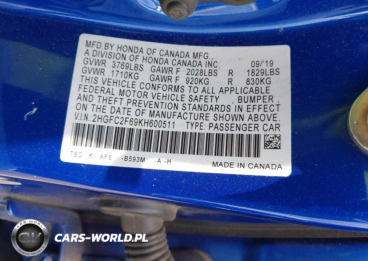 2019 Honda Civic Lx VIN:2HGFC2F69KH600511 - 9