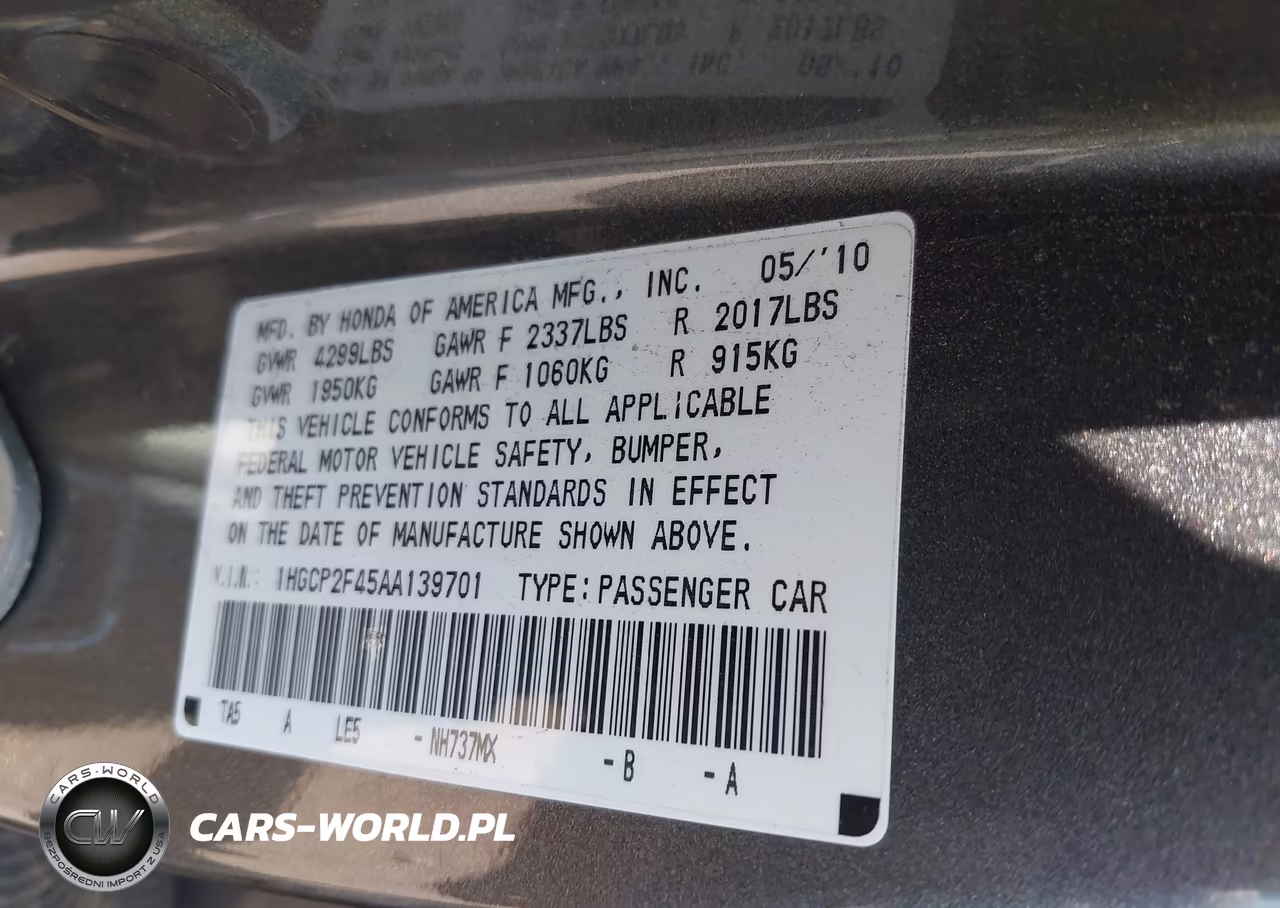2010 Honda Accord 2.4 Lx-P VIN:1HGCP2F45AA139701 - 9