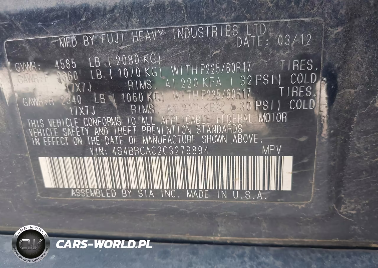 2012 Subaru Outback 2.5I VIN:4S4BRCAC2C3279894 - 9