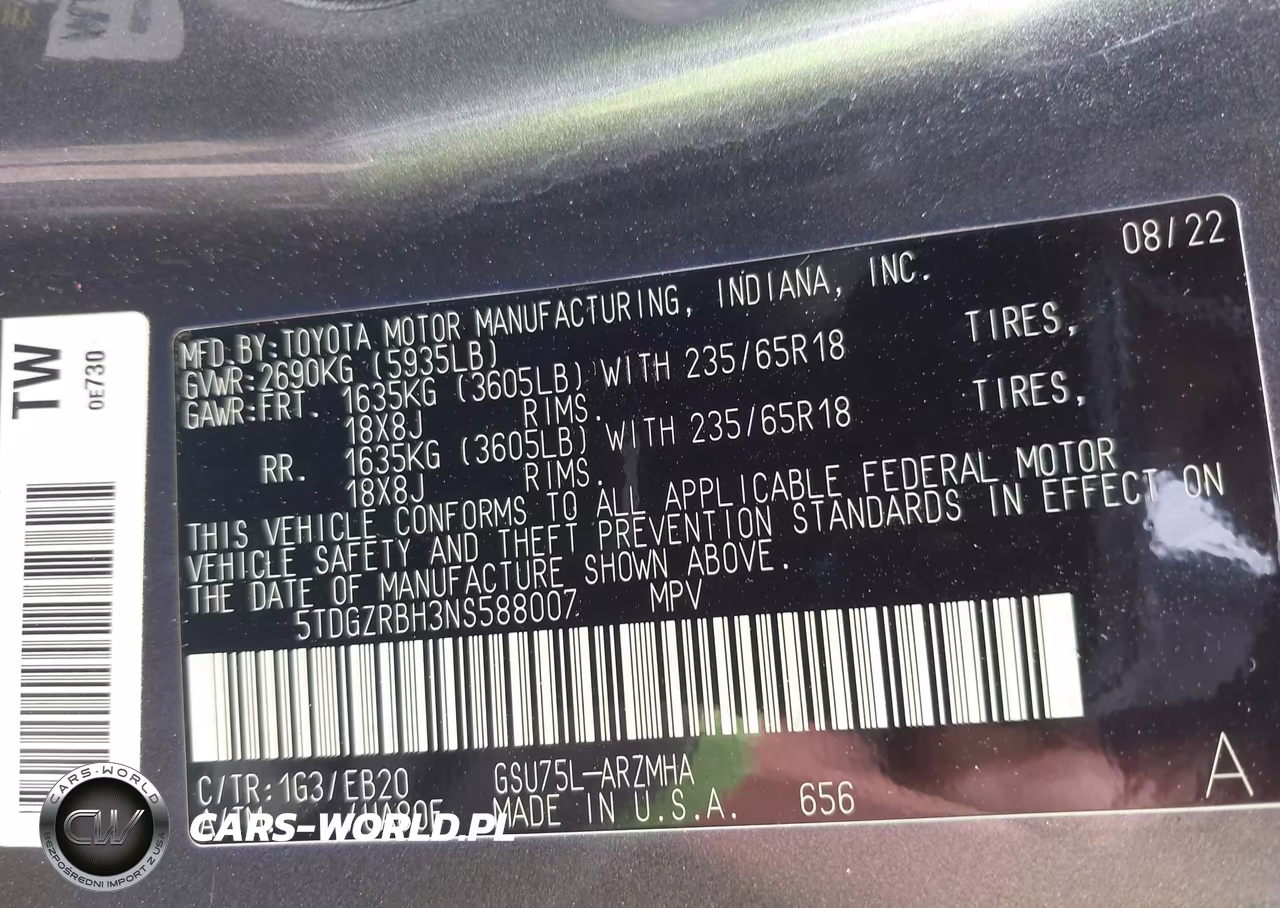 2022 Toyota Highlander Xle VIN:5TDGZRBH3NS588007 - 9